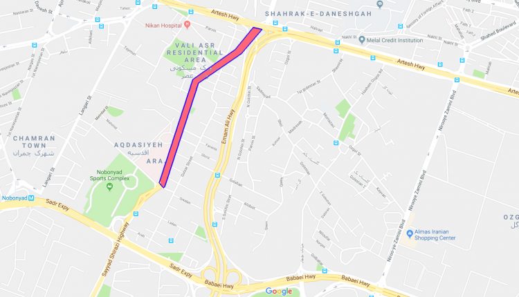 Map of northern part of Sayyad Shirazi Highway in Tehran